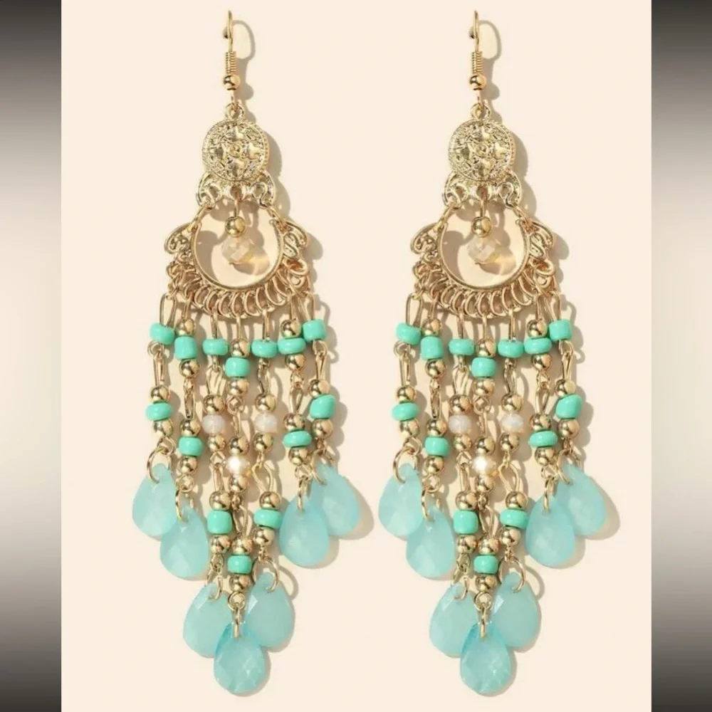 Exquisitely Exotic Hand Beaded Chandelier Earrings Blue, Green & Gold - Picture 3 of 9